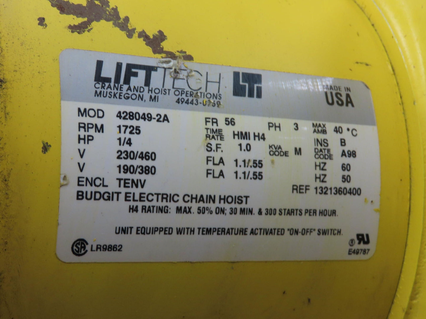 Budgit BEH2516 1/4 Ton Electric Chain Hoist 20' Lift 16 FPM 460 Volt 3PH Tested