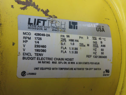 Budgit BEH2516 1/4 Ton Electric Chain Hoist 20' Lift 16 FPM 460 Volt 3PH Tested