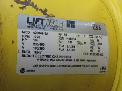 Budgit BEH2516 1/4 Ton Electric Chain Hoist 20' Lift 16 FPM 460 Volt 3PH Tested