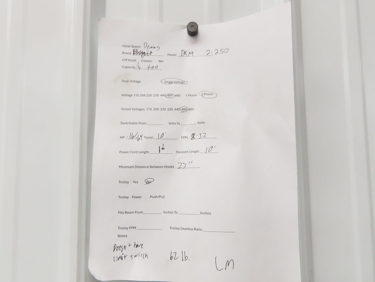 Demag DKM 1/4 Ton 500 LB Electric Chain Hoist 10' Lift 8/32 FPM 2 Speed 460V