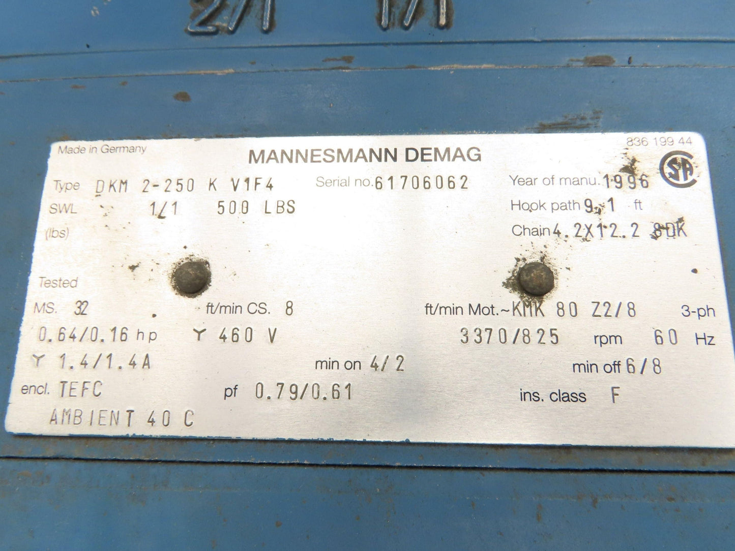 Demag DKM 1/4 Ton 500 LB Electric Chain Hoist 10' Lift 8/32 FPM 2 Speed 460V