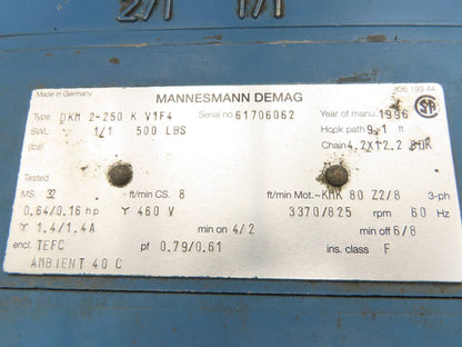 Demag DKM 1/4 Ton 500 LB Electric Chain Hoist 10' Lift 8/32 FPM 2 Speed 460V