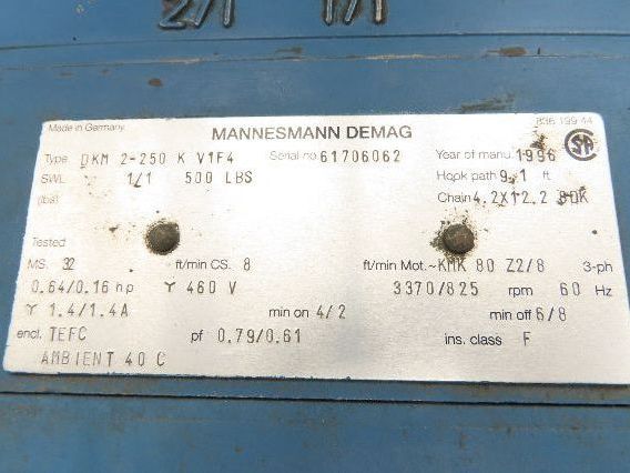 Demag DKM 1/4 Ton 500 LB Electric Chain Hoist 10' Lift 8/32 FPM 2 Speed 460V