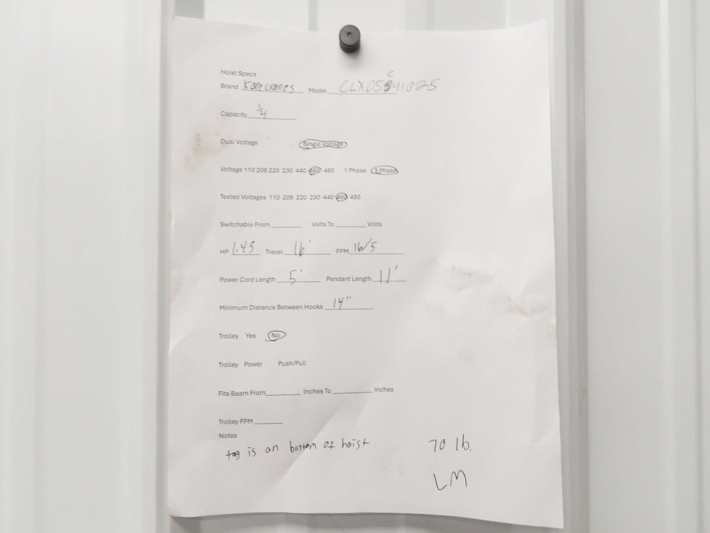 Kone Cranes 1/4 Ton Electric Chain Hoist 16' Lift 16/5 FPM 2 Speed 460 Volt 3PH