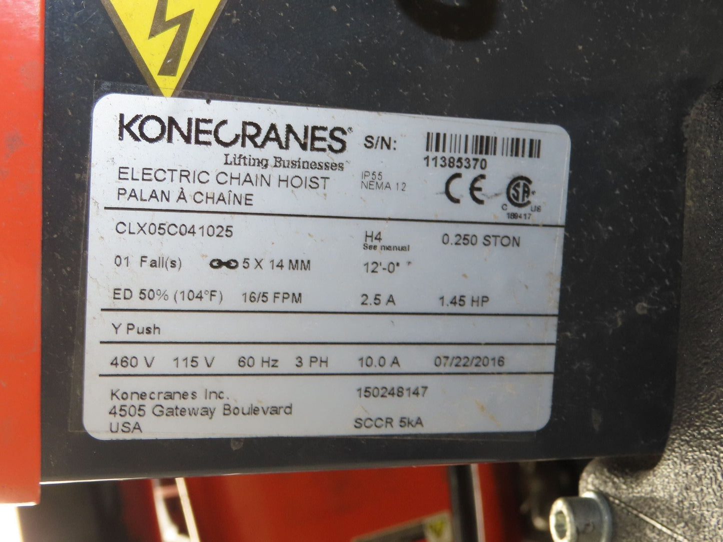 Kone Cranes 1/4 Ton Electric Chain Hoist 16' Lift 16/5 FPM 2 Speed 460 Volt 3PH