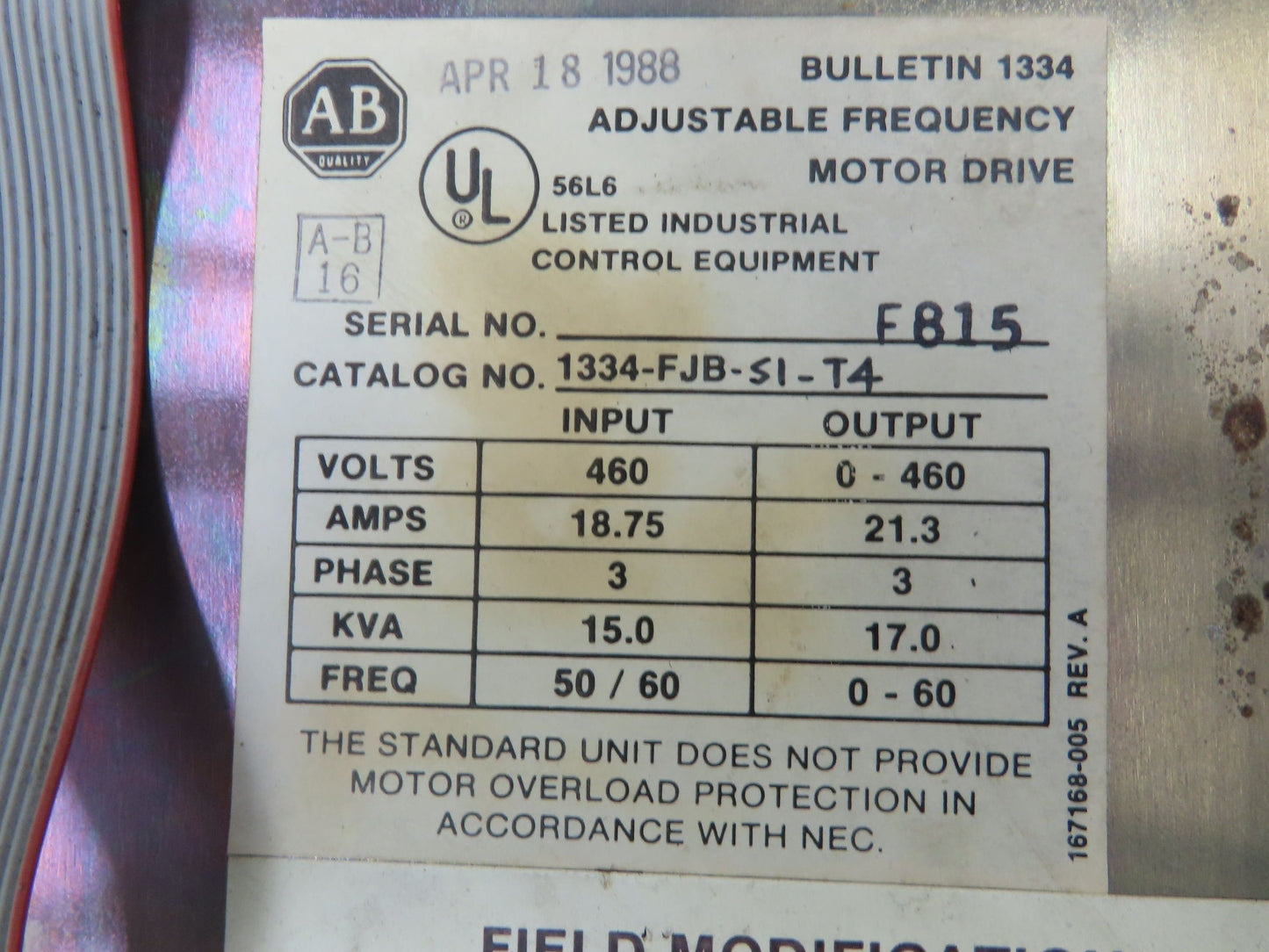 Allen Bradley 1334-FJB VFD Adjustable Frequency Drive 15Hp 460V 21A 3Ph Reman
