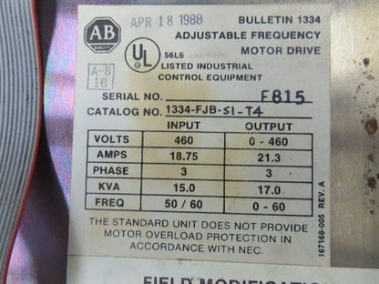 Allen Bradley 1334-FJB VFD Adjustable Frequency Drive 15Hp 460V 21A 3Ph Reman
