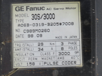 GE Fanuc 30S/3000 A06B-0319-B205 AC Servo Motor 158V 3PH Encoder A860-0315-T102