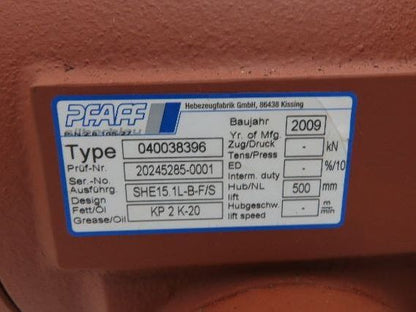 Pfaff SHE15.1L-B-F/S Worm Gear Screw Jack 500mm Stroke 15.1 kN 24:1 Ratio