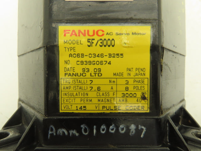 Fanuc A06B-0346-B255 AC Servo Motor 145V 3PH 5F/3000