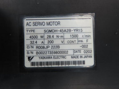 Yaskawa SGMDH-45A2B-YR15 AC Servo Motor 200V 1500rpm - Encoder UTSAE-B17BBF