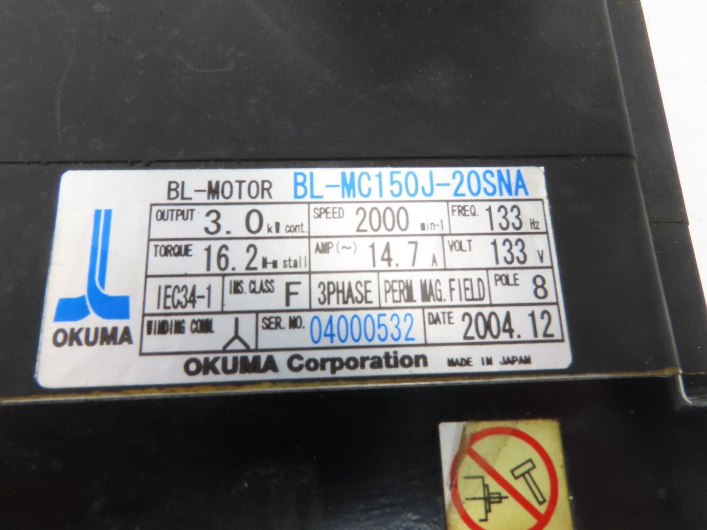 Okuma BL-MC150J-20SNA AC Servo Motor 133V 2000rpm - Encoder ER-JG-7200D