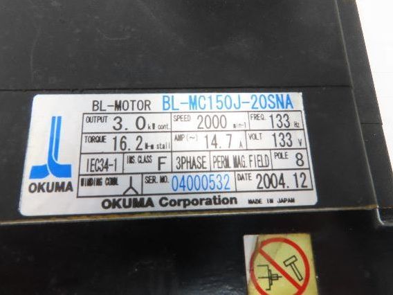 Okuma BL-MC150J-20SNA AC Servo Motor 133V 2000rpm - Encoder ER-JG-7200D