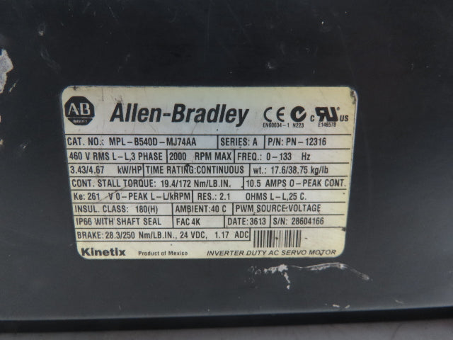 Allen Bradley MPL-B540D-MJ74AA AC Servo Motor 4.67Hp 2000 RPM 460V 3PH