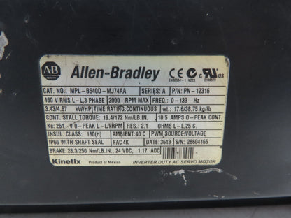 Allen Bradley MPL-B540D-MJ74AA AC Servo Motor 4.67Hp 2000 RPM 460V 3PH
