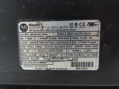Allen Bradley MPL-B540D-MJ74AA Kinetix AC Servo Motor 4.67Hp 2000 RPM 460V 3PH