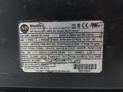 Allen Bradley MPL-B540D-MJ74AA Kinetix AC Servo Motor 4.67Hp 2000 RPM 460V 3PH