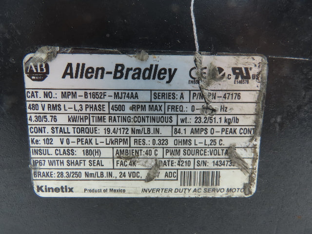 Allen Bradley MPM-B1652F-MJ74AA Kinetix AC Servo Motor 5.76Hp 4500 RPM 480V 3PH