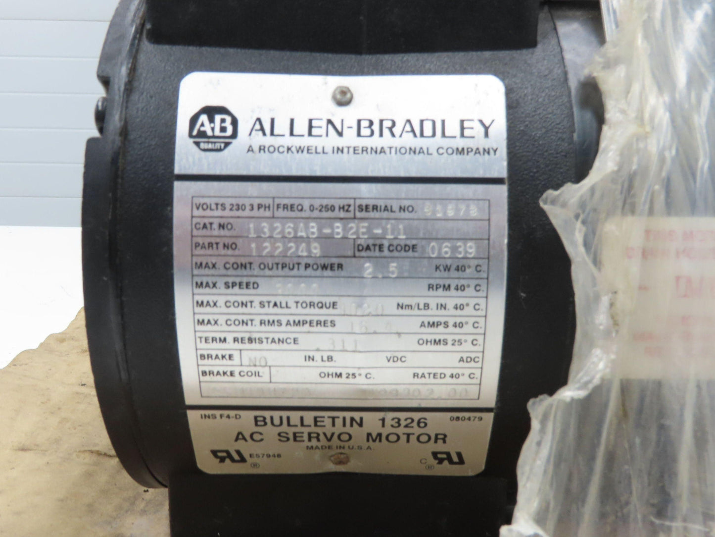 Allen Bradley 1326AB-B2E-11 AC Servo Motor 2.5kW 3000 RPM 460V 3PH