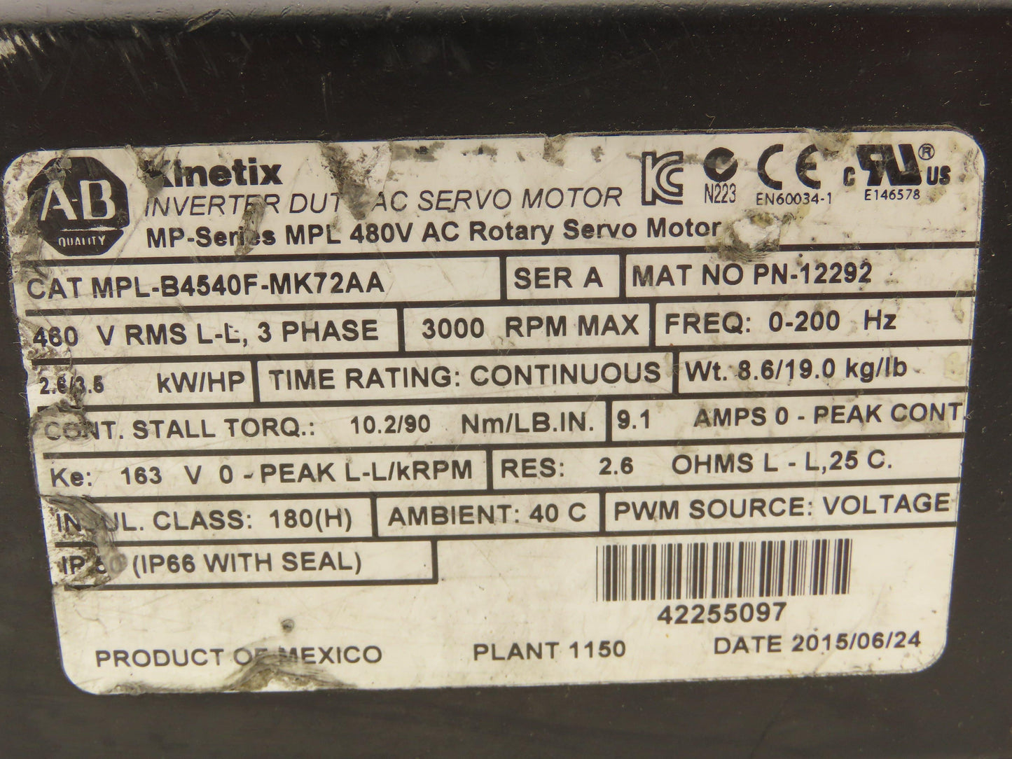 Allen Bradley MPL-B4540F-MK72AA Kinetix AC Servo Motor 3.5Hp 3000 RPM 460V 3PH