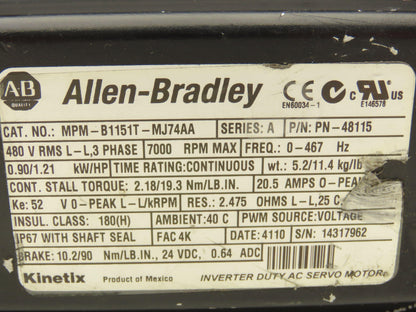 Allen Bradley MPM-B1151T-MJ74AA Kinetix AC Servo Motor 1.21Hp 7000 RPM 480V 3PH