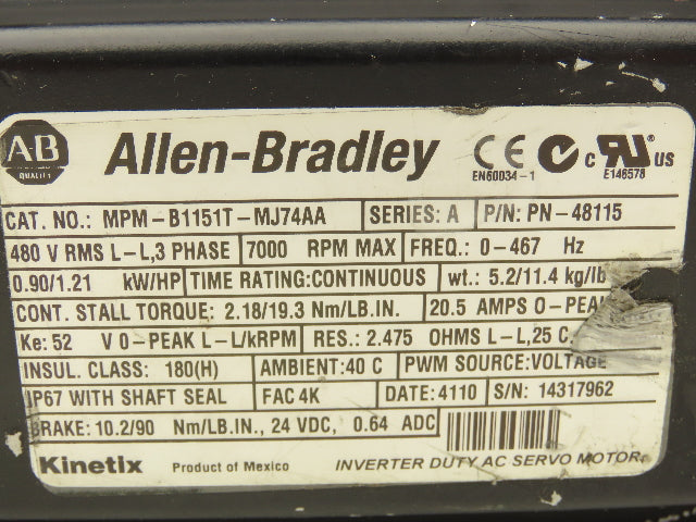 Allen Bradley MPM-B1151T-MJ74AA Kinetix AC Servo Motor 1.21Hp 7000 RPM 480V 3PH