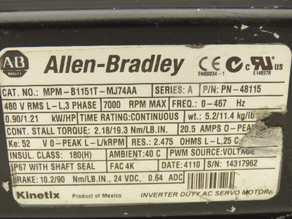 Allen Bradley MPM-B1151T-MJ74AA Kinetix AC Servo Motor 1.21Hp 7000 RPM 480V 3PH
