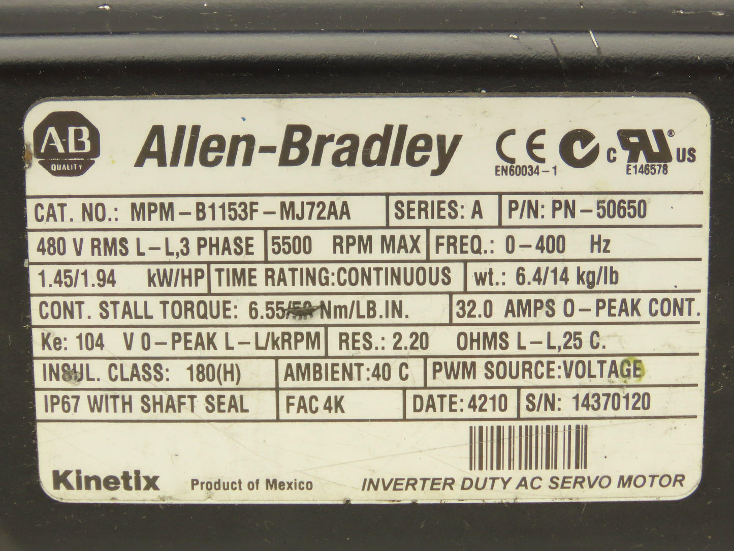 Allen Bradley MPM-B1153F-MJ72AA Kinetix AC Servo Motor 1.94Hp 5500 RPM 480V 3PH