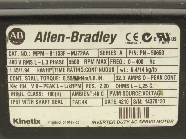 Allen Bradley MPM-B1153F-MJ72AA Kinetix AC Servo Motor 1.94Hp 5500 RPM 480V 3PH
