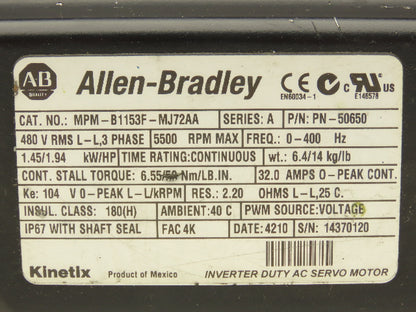 Allen Bradley MPM-B1153F-MJ72AA Kinetix AC Servo Motor 1.94Hp 5500 RPM 480V 3PH