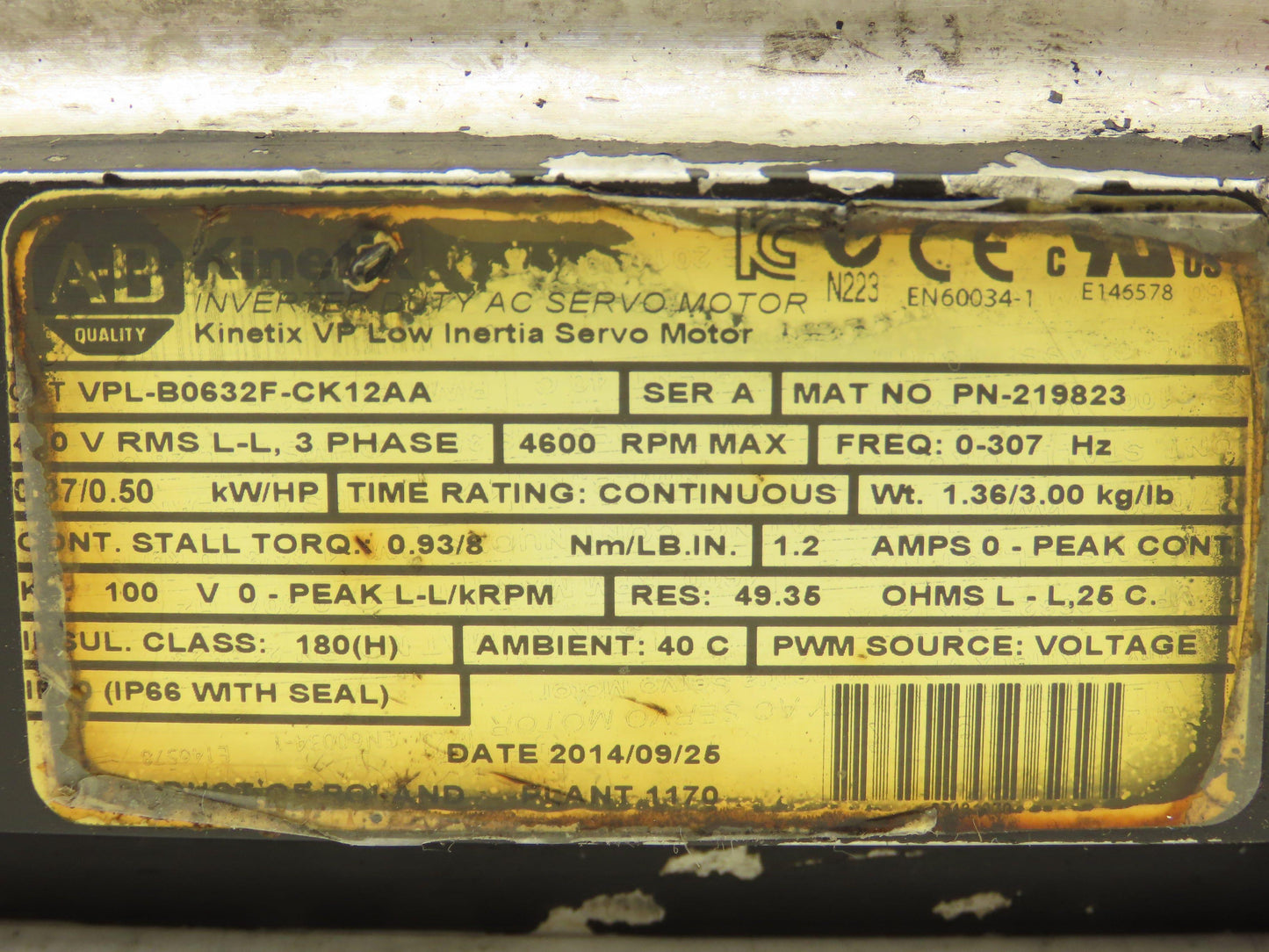 Allen Bradley VPL-B0632F-CK12AA Kinetix AC Servo Motor 0.5Hp 4600 RPM 480V 3PH