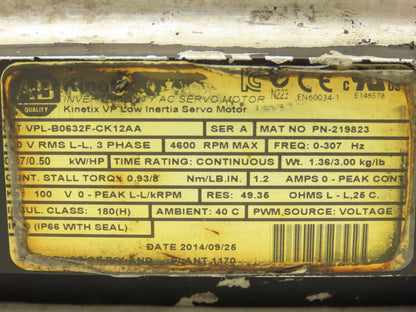 Allen Bradley VPL-B0632F-CK12AA Kinetix AC Servo Motor 0.5Hp 4600 RPM 480V 3PH