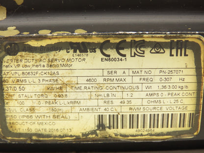 Allen Bradley VPL-B0632F-CK12AS Kinetix AC Servo Motor 0.5Hp 4600 RPM 480V 3PH