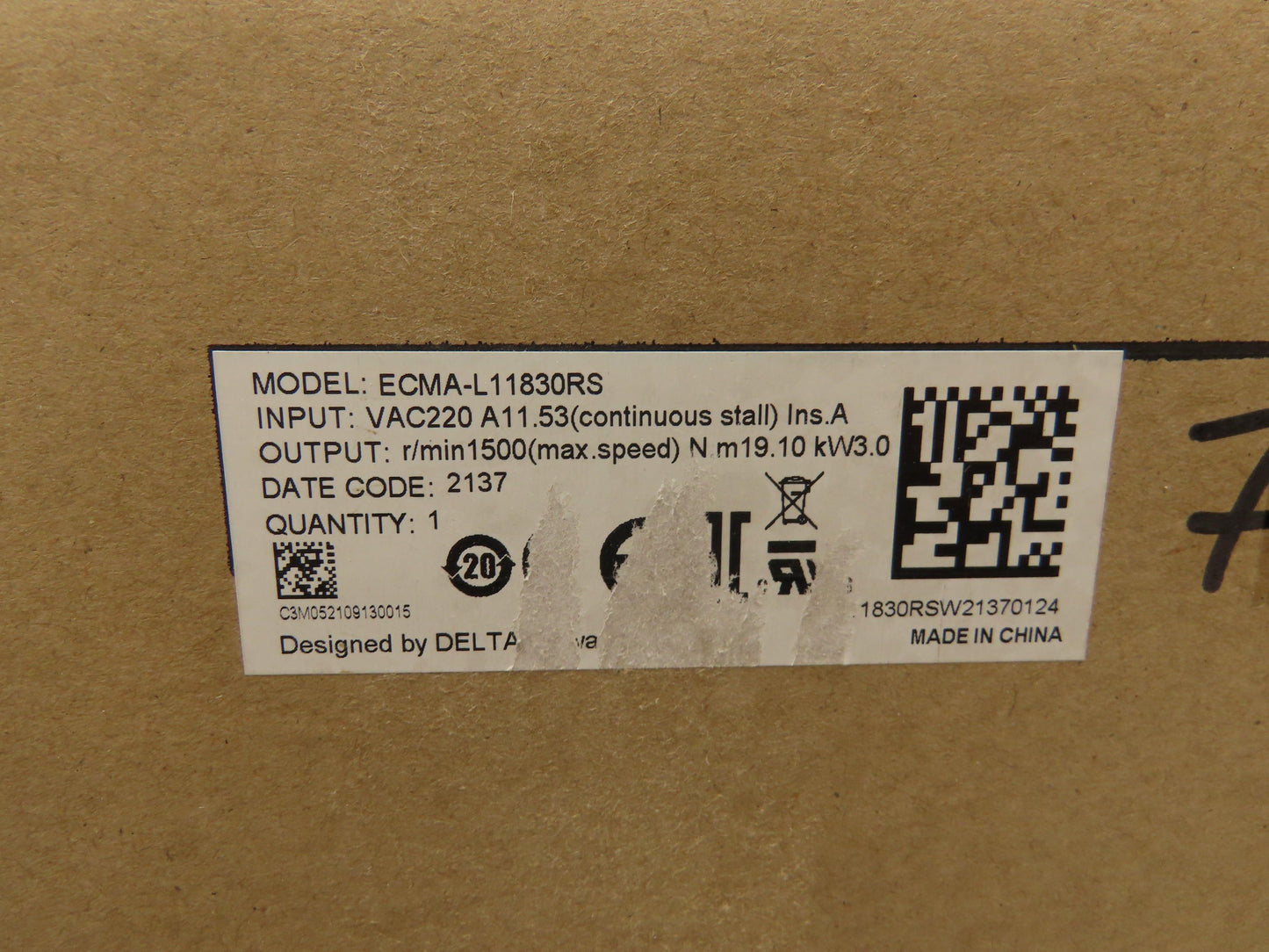 Delta ECMA-L11830RS AC Servo Motor 3kw 1500 RPM 220V 3PH