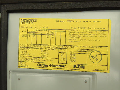Cutler Hammer DH362FDK Eaton Safety Disconnect Switch 60A 600V Non-Fusible