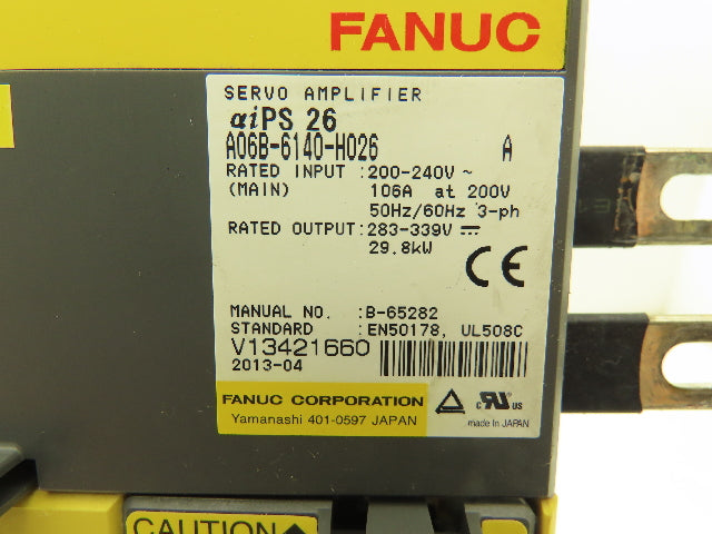 Fanuc A06B-6140-H026 DC Servo Amplifier 29.8kW 283-339vDC Out 200-240vAC 106A In