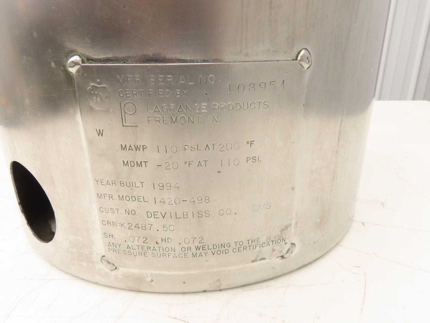 Devilbiss 1420-498 QMS Paint Sprayer Pressure Tank 10 Gallon Stainless