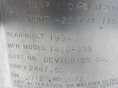 Devilbiss 1420-498 QMS Paint Sprayer Pressure Tank 10 Gallon Stainless