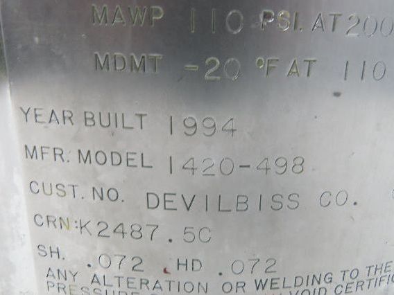 Devilbiss 1420-498 QMS Paint Sprayer Pressure Tank 10 Gallon Stainless