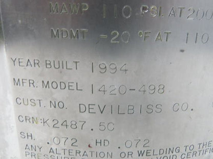 Devilbiss 1420-498 QMS Paint Sprayer Pressure Tank 10 Gallon Stainless