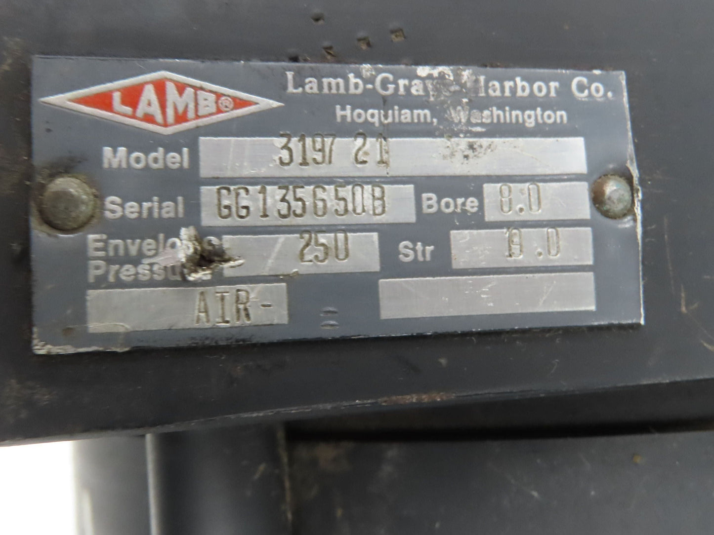 Lamb 3197 21 Gray Harbor Pneumatic Air Cylinder 8" Bore 19" Stroke 250PSI