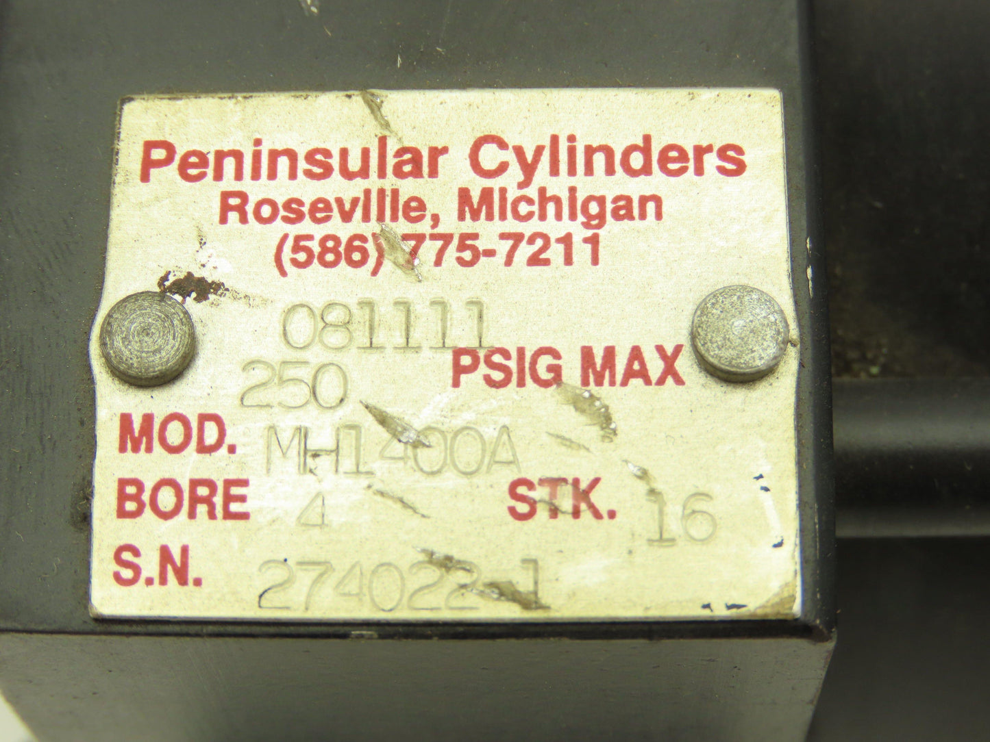 Peninsular MH1400A Pneumatic Air Cylinder 4" Bore 16" Stroke 250psi Double Act