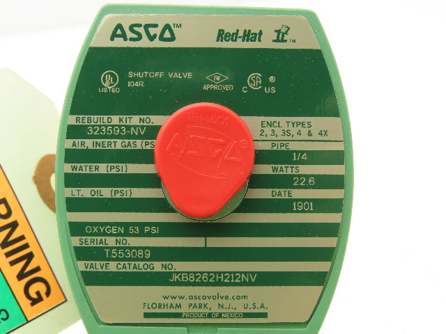 Asco Redhat JKB8262H212NV Solenoid Valve ¼" NPT 24VDC 5 Pin Connector NC