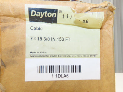 1DLA6 Galvanized Steel Cable 7x19 Strand 3/8" OD 150' Length 2880 lbs Safe Load