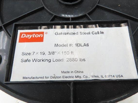 1DLA6 Galvanized Steel Cable 7x19 Strand 3/8" OD 150' Length 2880 lbs Safe Load
