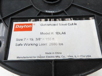1DLA6 Galvanized Steel Cable 7x19 Strand 3/8" OD 150' Length 2880 lbs Safe Load