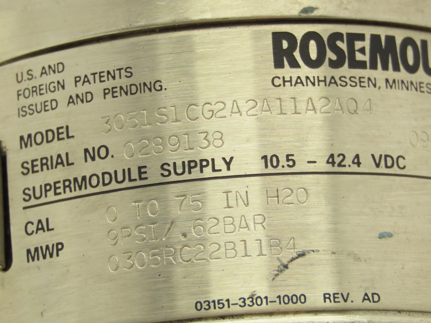 Rosemount 3051S Coplanar Pressure Transmitter 11-42VDC 0-75" H2O Hart Protocol