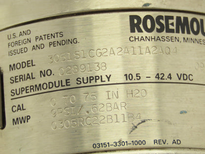 Rosemount 3051S Coplanar Pressure Transmitter 11-42VDC 0-75" H2O Hart Protocol