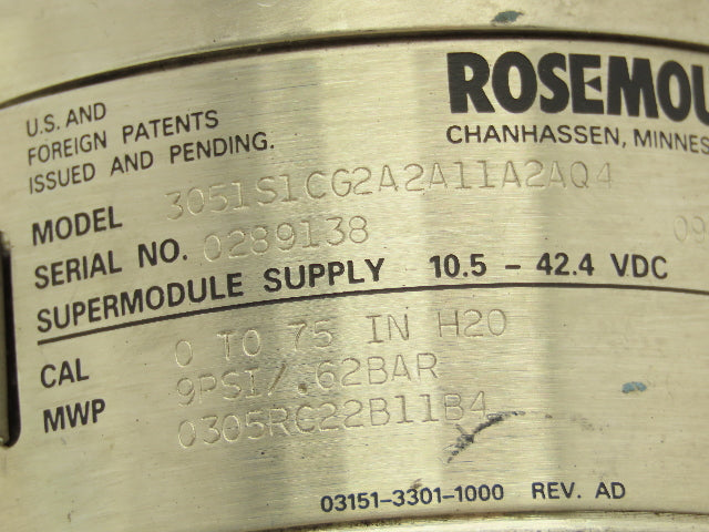 Rosemount 3051S Coplanar Pressure Transmitter 11-42VDC 0-75" H2O Hart Protocol