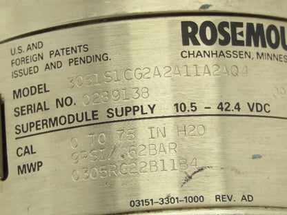 Rosemount 3051S Coplanar Pressure Transmitter 11-42VDC 0-75" H2O Hart Protocol